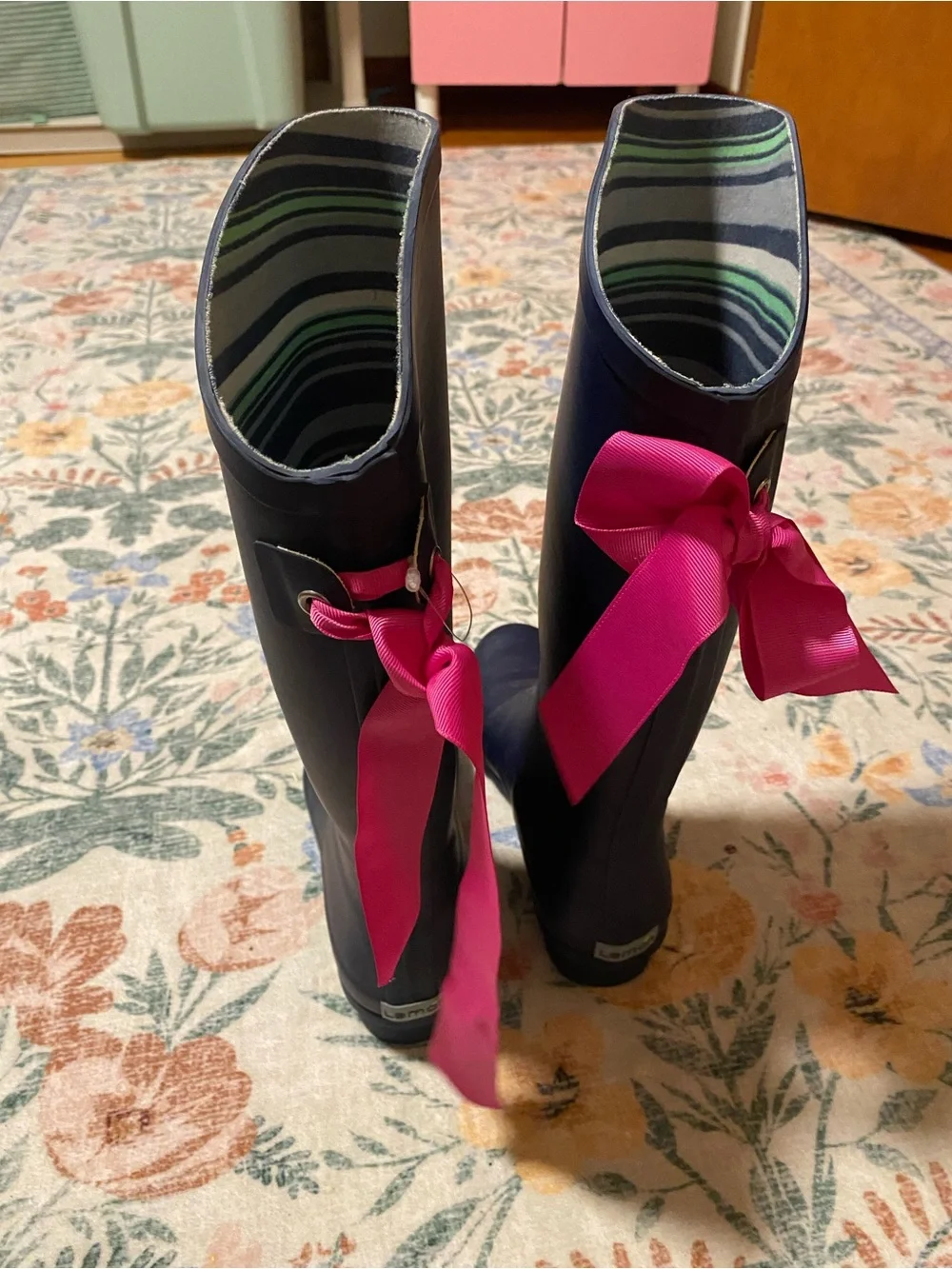 Like New Lemon Navy Rain Boots with Pink Bows